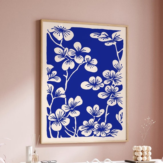 Blue Cherry Blossom Flowers Poster Japanese Nature Wall Art Nautical Art Retro Minimalist Print Indigo Floral Print Botanical Poster