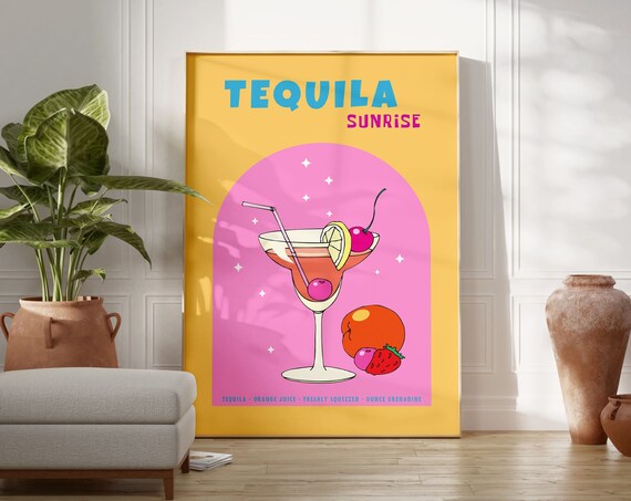 Tequila Sunrise Cocktail Recipe Retro Kitchen Bar Cart Art Poster