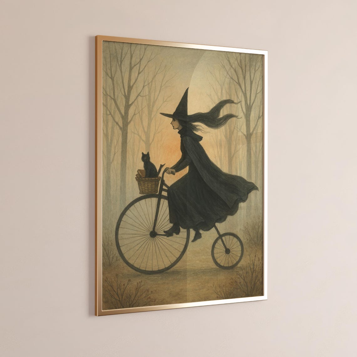 Witch Wall Art Halloween Decor Vintage On Bicycle With Cat Spooky Autumn Forest Print
