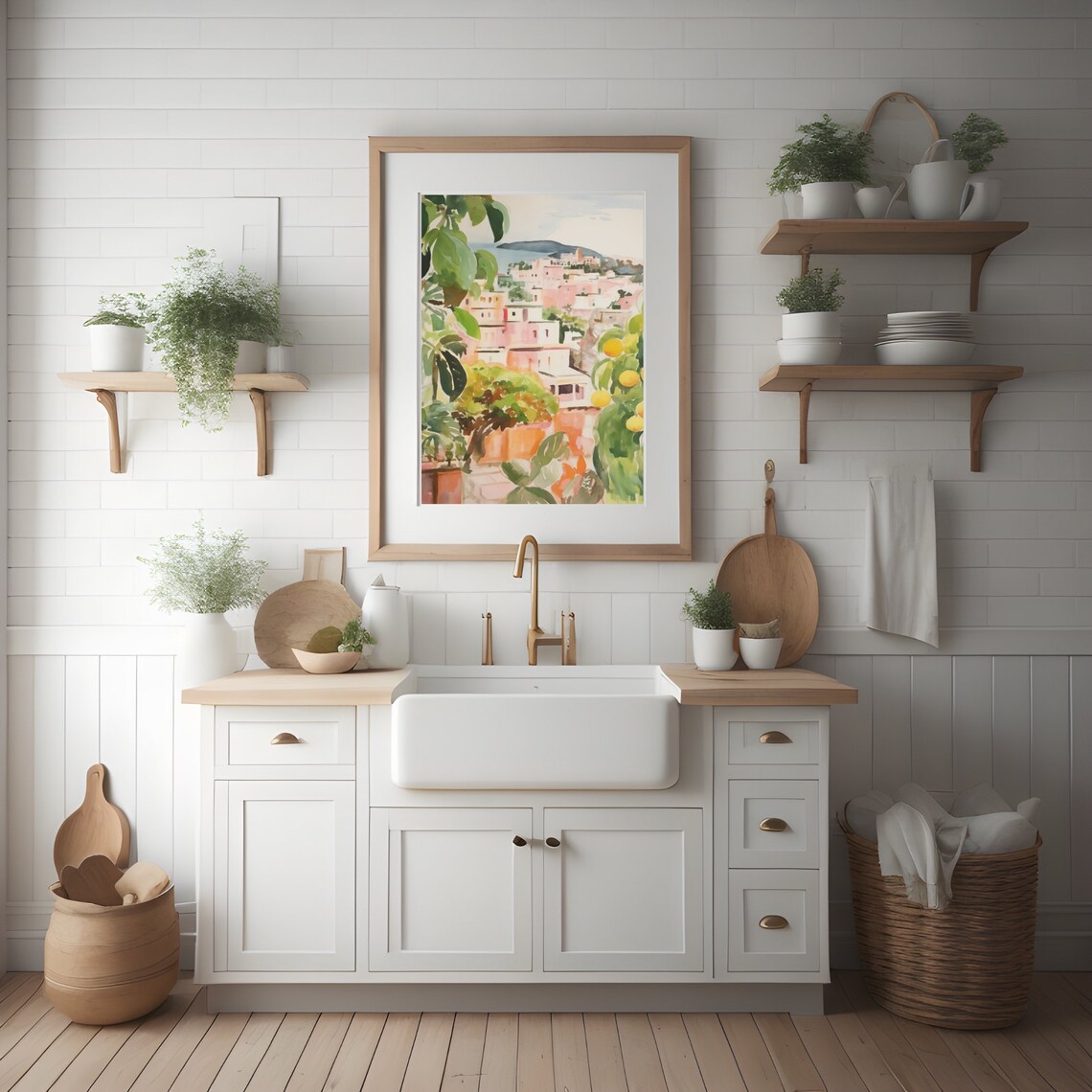 Positano Italy Watercolor View Framed By Lemon Leaves Poster - Image 2
