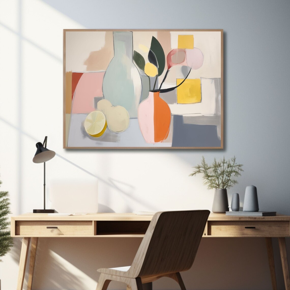 Mid Century Still Life with Lemons and Vases in Pastel Tones Poster - Image 3