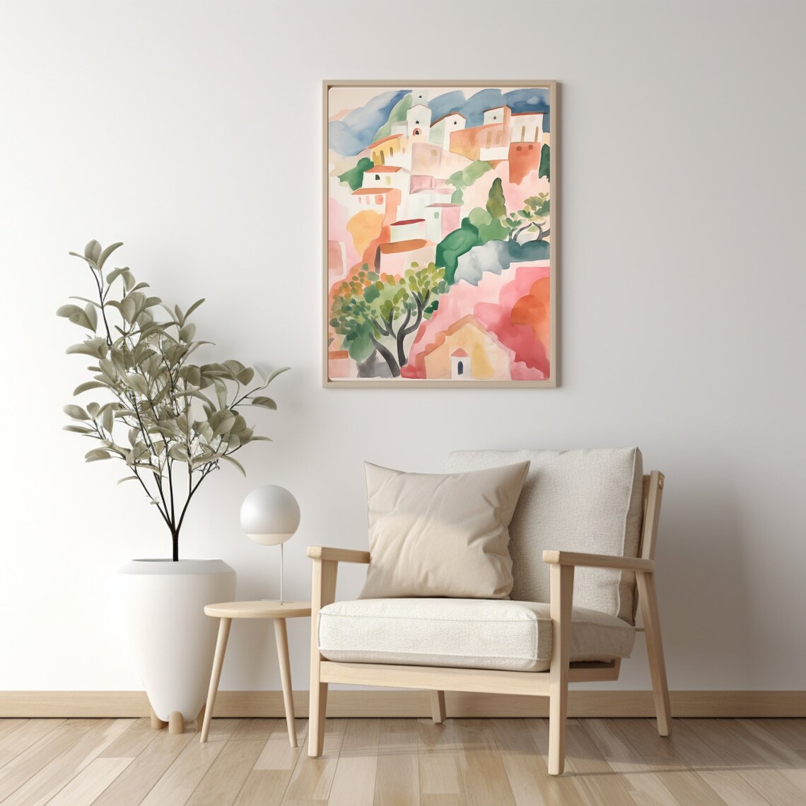 Pastel Pink Coastal Village on Green Hillside Watercolor Poster - Image 2