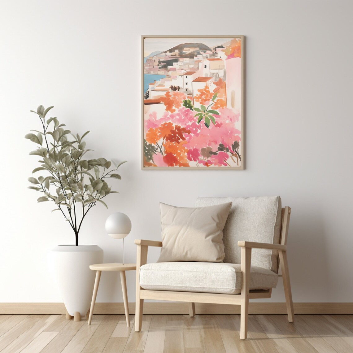 Mediterranean Hillside Village with Bougainvillea Watercolor Poster - Image 2