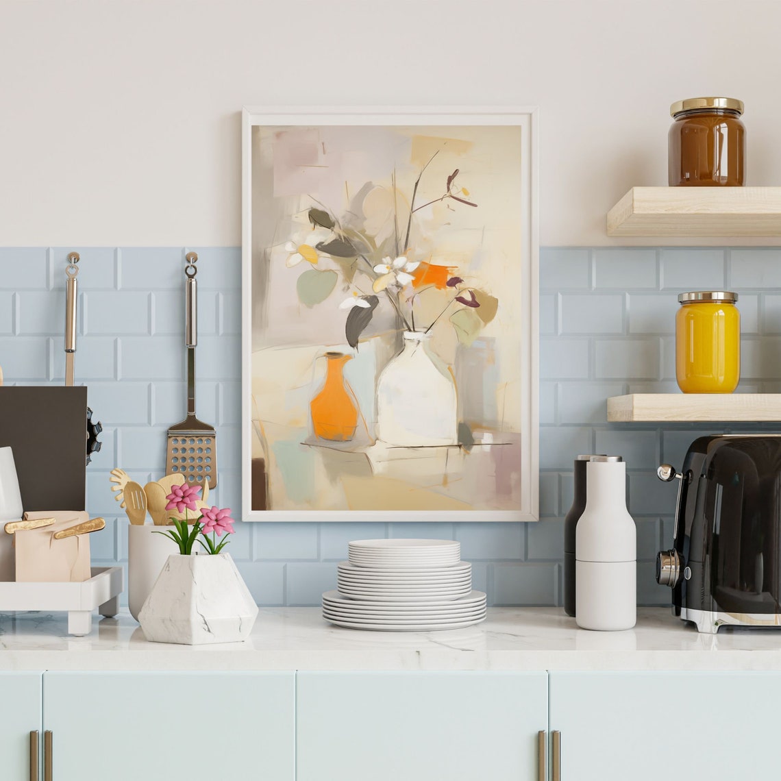 Soft Abstract Floral Bouquet in White Vase with Orange Pot Poster - Image 2