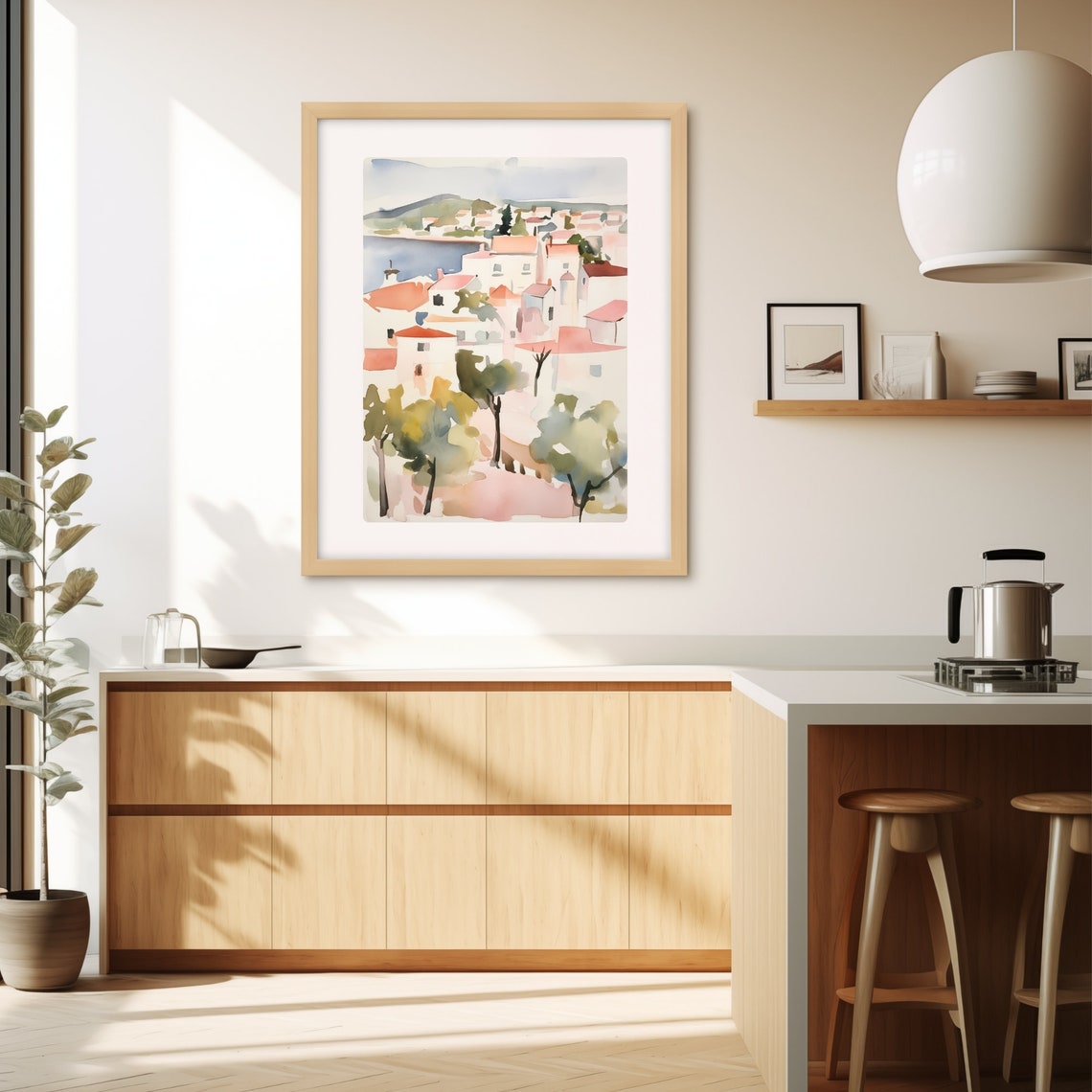 Mediterranean Harbor Town Red Rooftops Bay View Watercolor Poster - Image 3