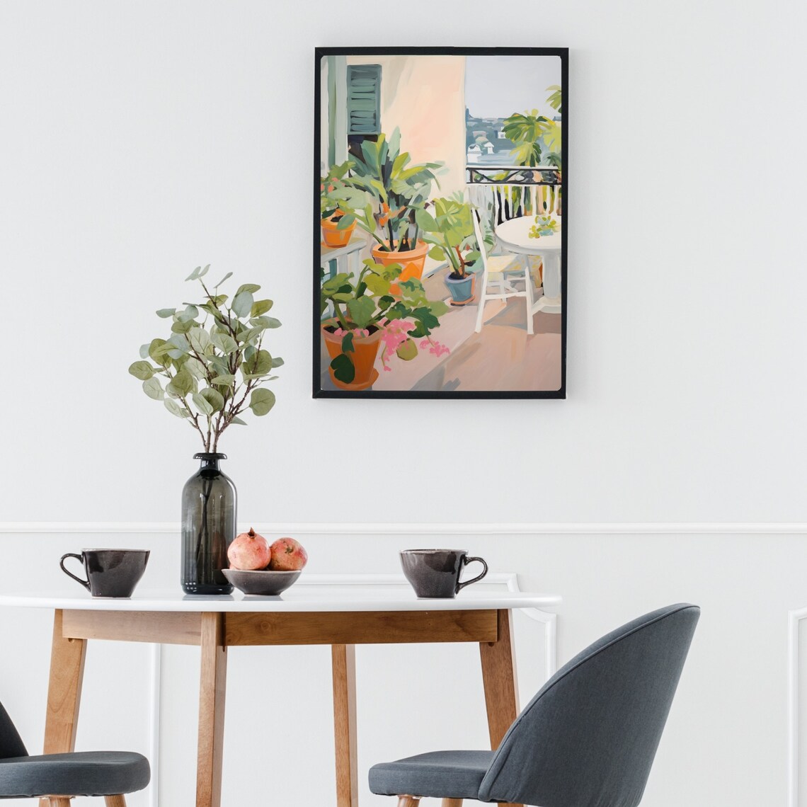 Sunny Mediterranean Balcony with Potted Plants and Sea View Poster - Image 2