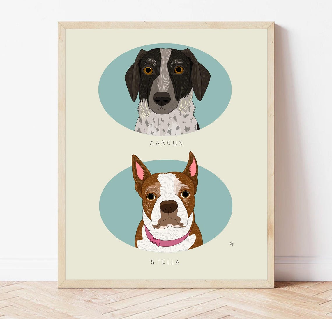 Marcus and Stella Named Two Dog Portrait Custom Illustration Poster