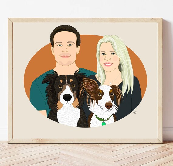 Couple With Two Dogs on Orange Oval Custom Portrait Illustration Poster