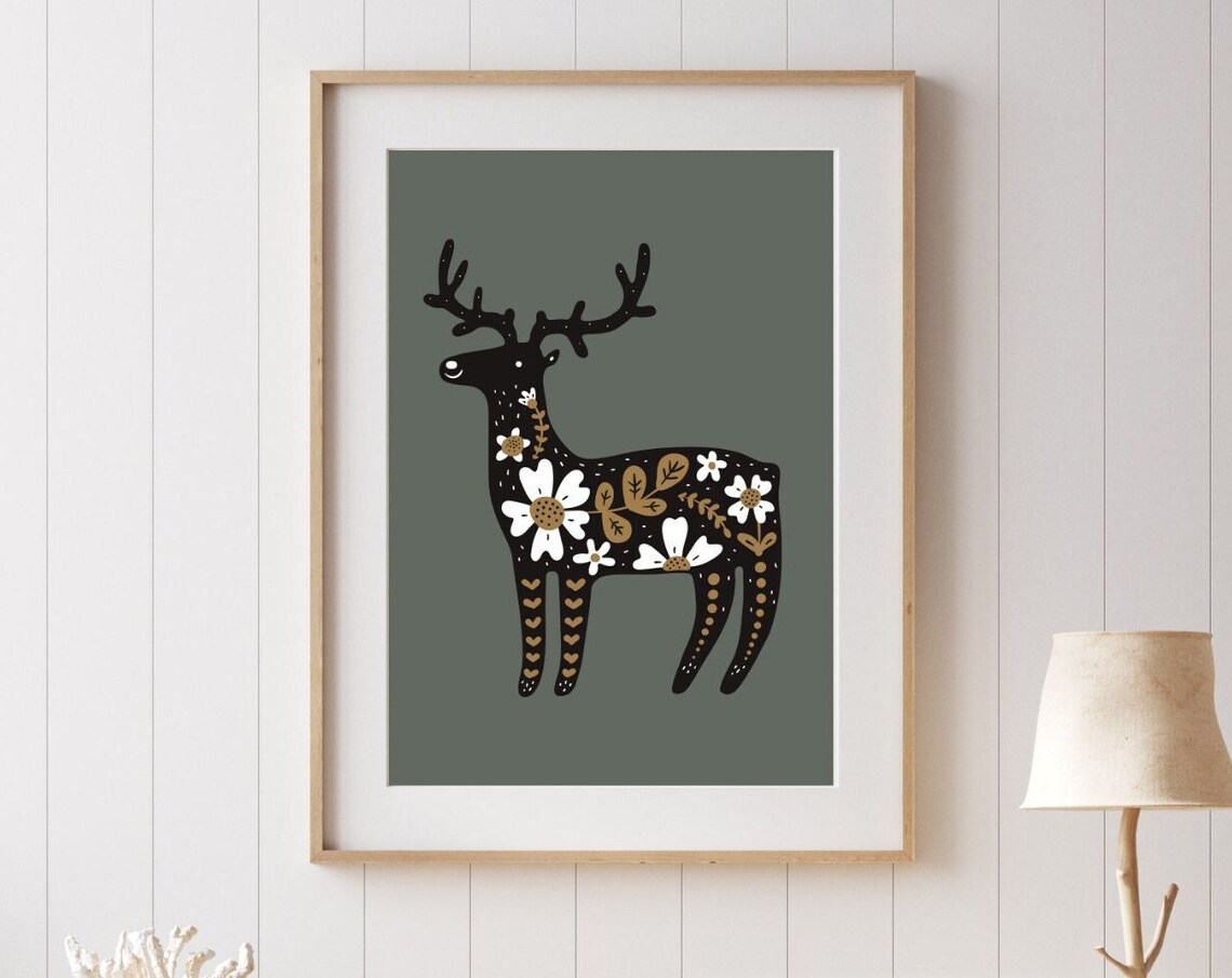 Floral Deer Silhouette Scandinavian Folk Art Woodland Poster