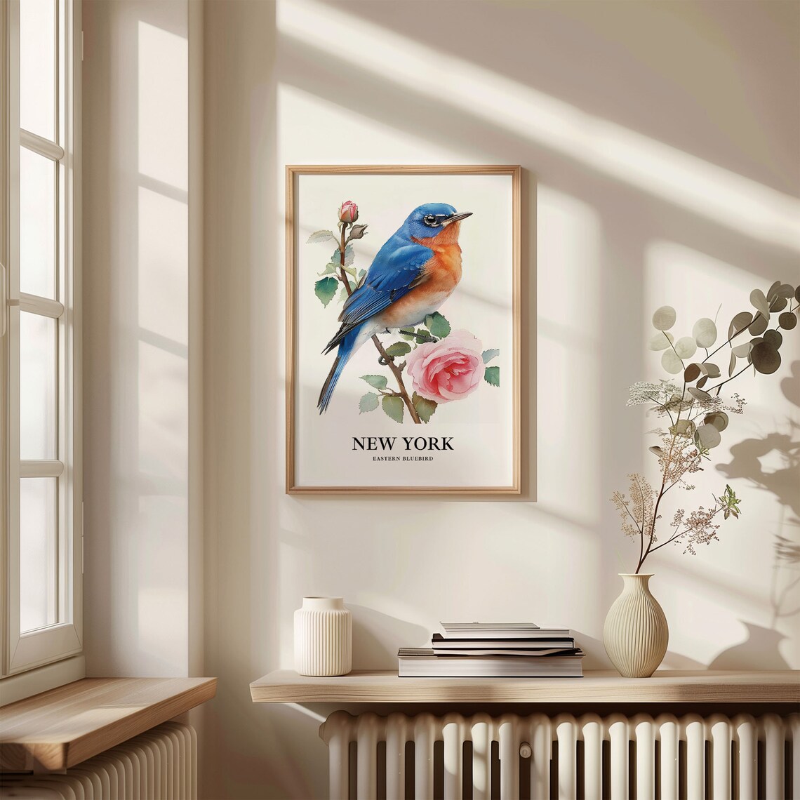 New York Eastern Bluebird and Rose State Bird Watercolor Poster - Image 3