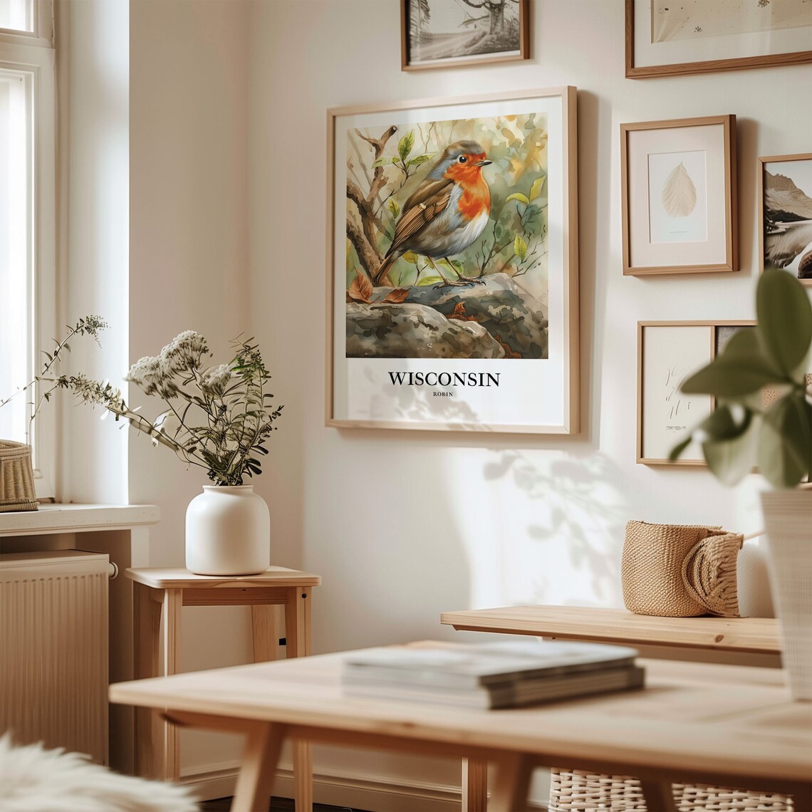 Wisconsin Robin Perched on Rock Detailed Watercolor Bird Art Poster - Image 2