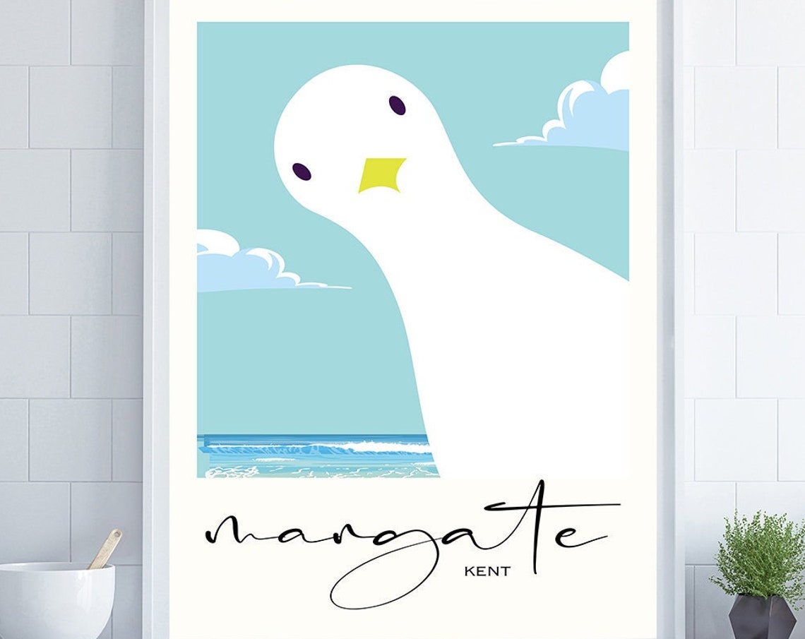Margate Kent Seagull Beach Script Style Coastal Travel Poster