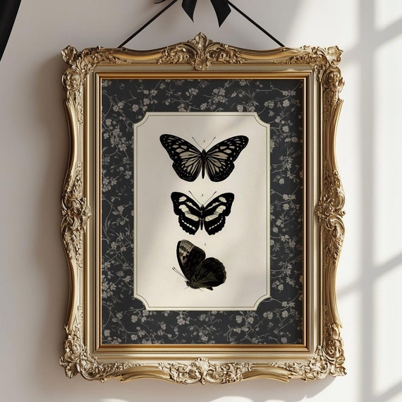 Dark Cottagecore Butterfly Print Gothic Nature Art Moody Vintage Black Butterflies Dark Academia Gothcore Nancy Meyers Style