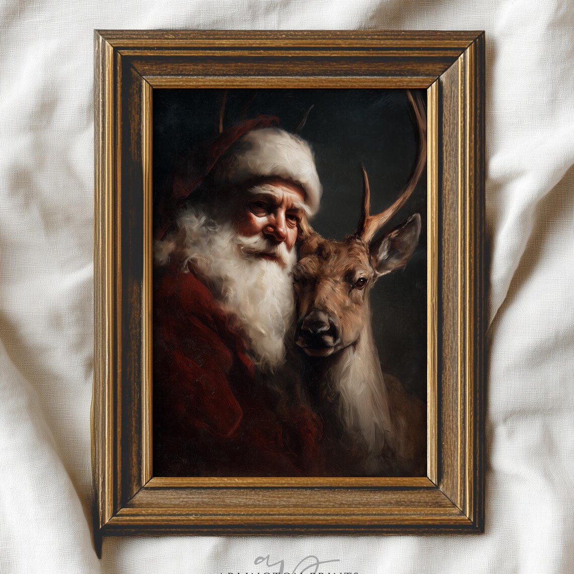 Moody Santa Claus and Deer Vintage Classic Christmas Portrait Poster