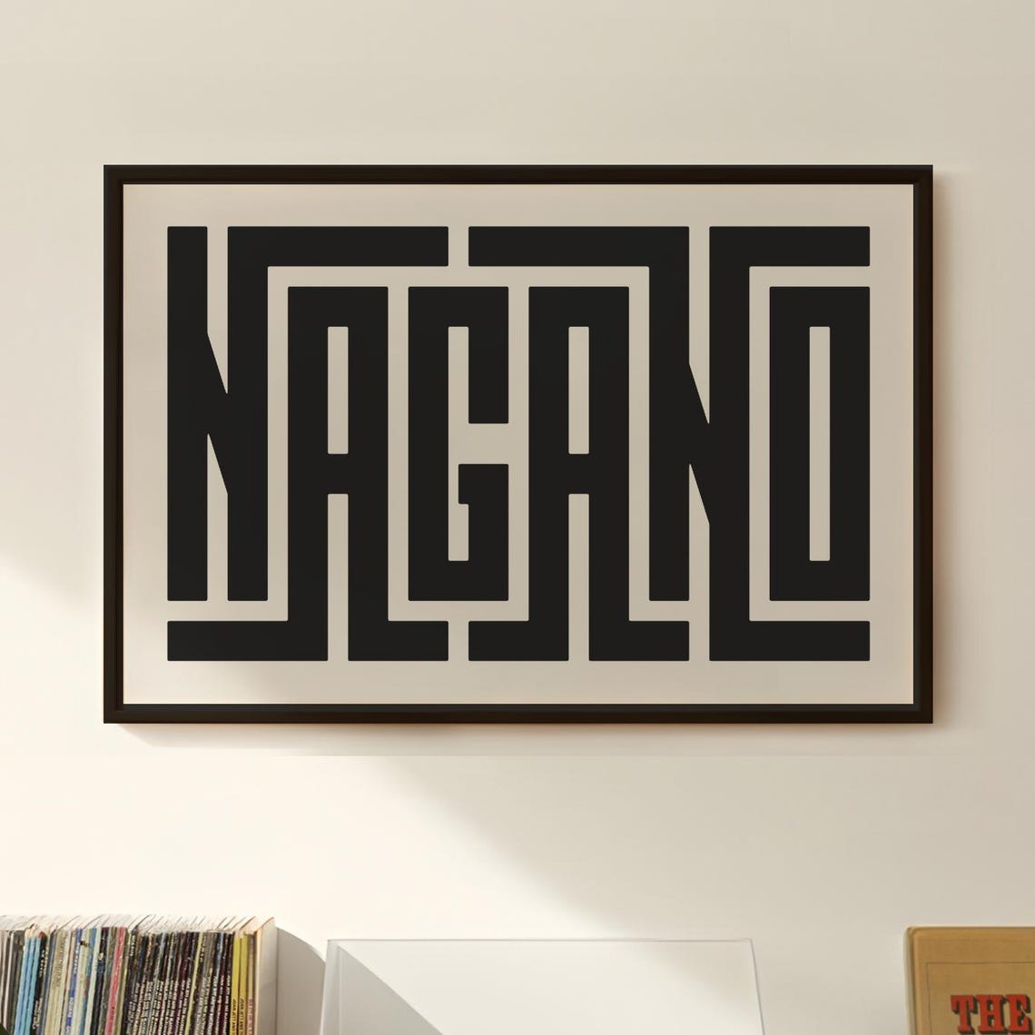 Striking Bold Nagano Typography Minimalist Black and Cream Wall Art