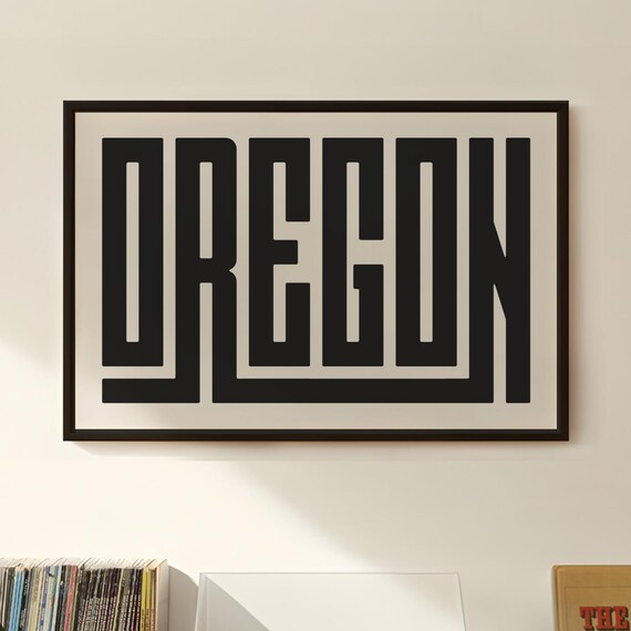 Striking Bold Oregon Typography Minimalist Black and Cream Wall Art