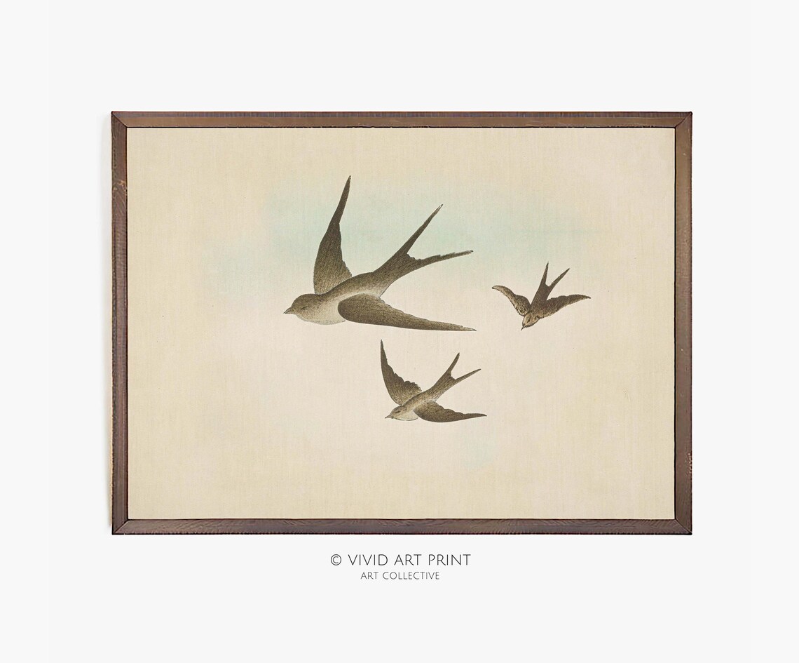 Vintage Nursery Bird Painting, Three Swallows