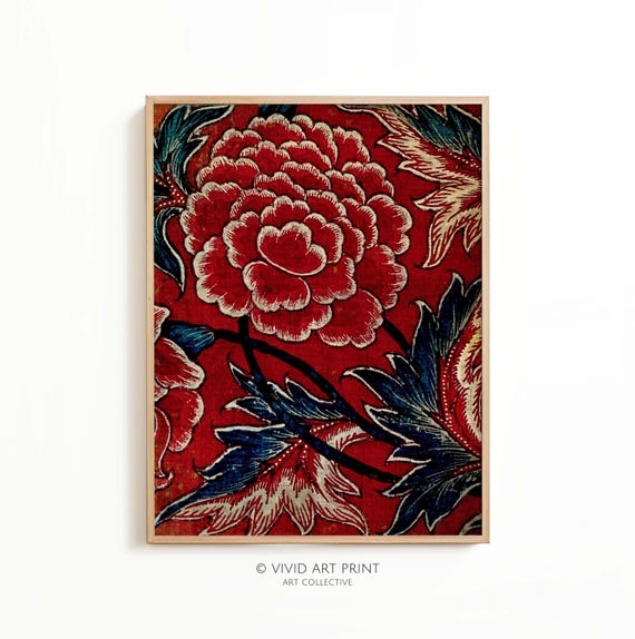 Vintage Flower Textile Art Print, Red Blossom