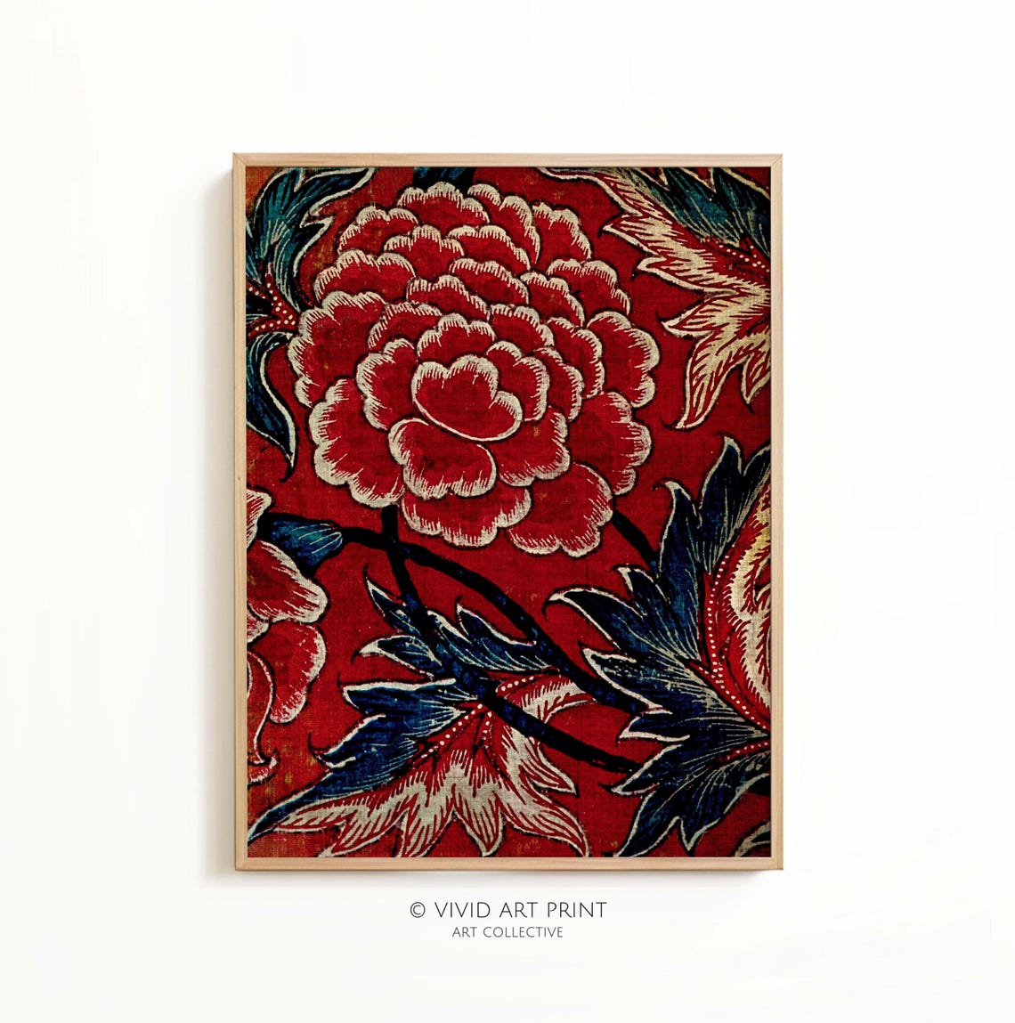 Vintage Flower Textile Art Print, Red Blossom