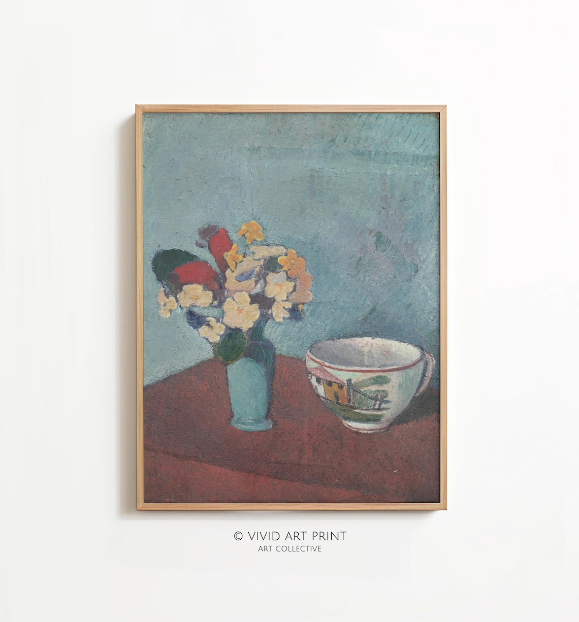 Flowers And Cup Still Life, Vintage Art Print
