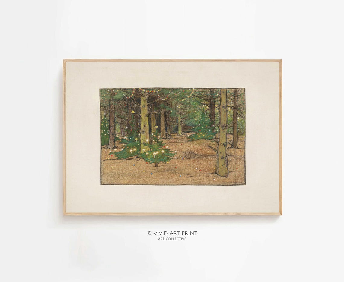 Enchanted Forest Vintage Christmas Trees Art Print
