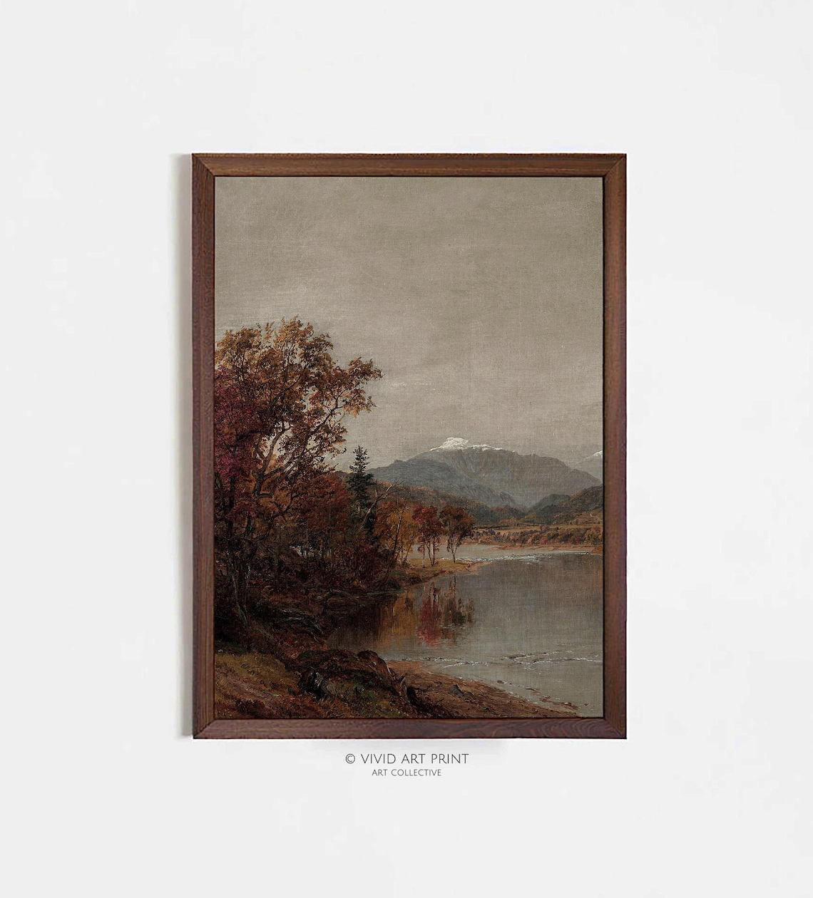 Autumn River Landscape, Moody Vintage Rustic Painting