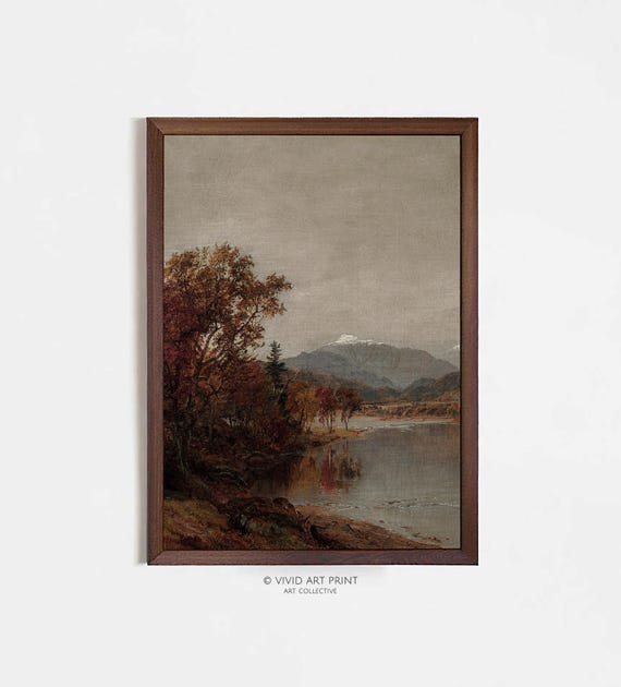 Autumn River Landscape, Moody Vintage Rustic Painting