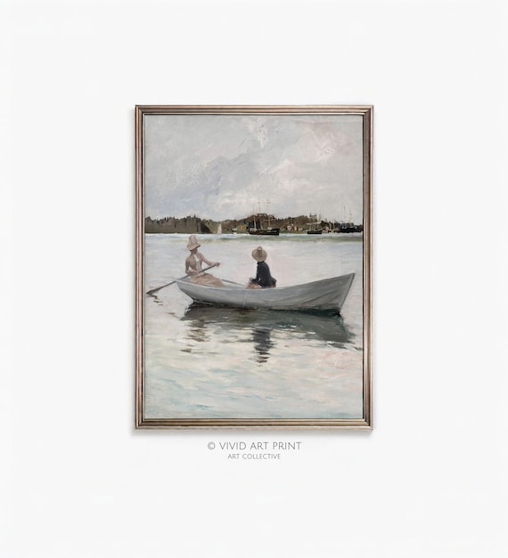 Two Women in a Rowboat Impressionist Vintage Boating Art Poster