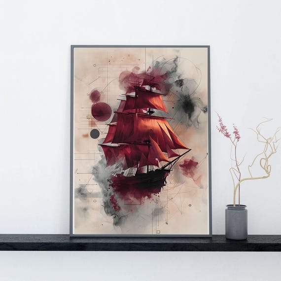 Red Sails Abstract Ship Wall Art Nautical For Home Decor Hayalmeyal Workshop