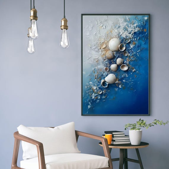 Coastal Seashell Wall Art Blue Gold Abstract Beach Decor Ocean Texture