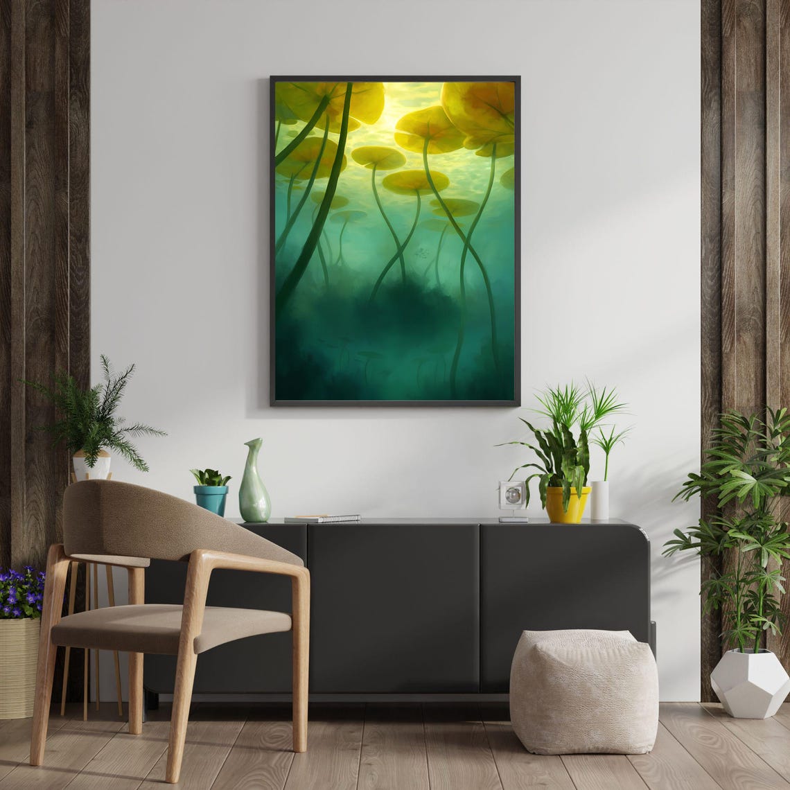Underwater Lily Pads Serene Green Gold Botanical Pond Art Poster