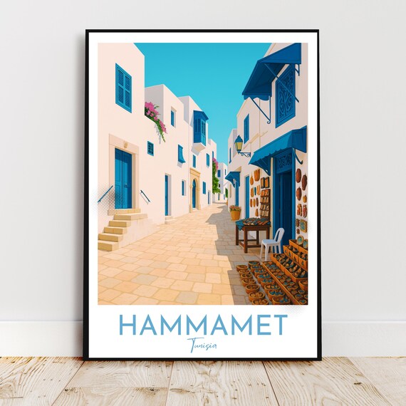 Hammamet Tunisia Blue and White Medina Street Vintage Travel Poster