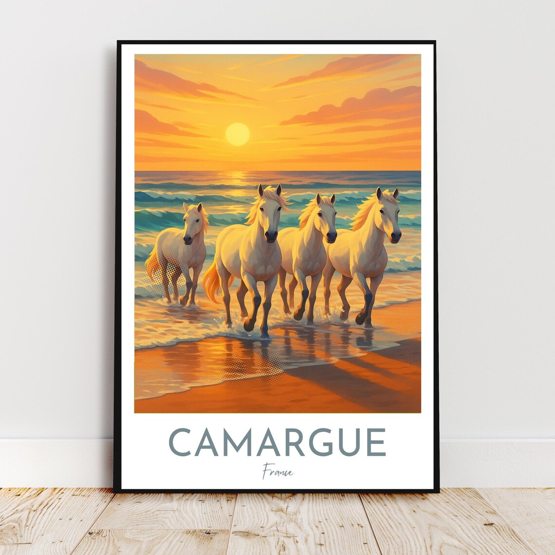 Camargue France White Horses Galloping In Surf At Sunset Travel Poster