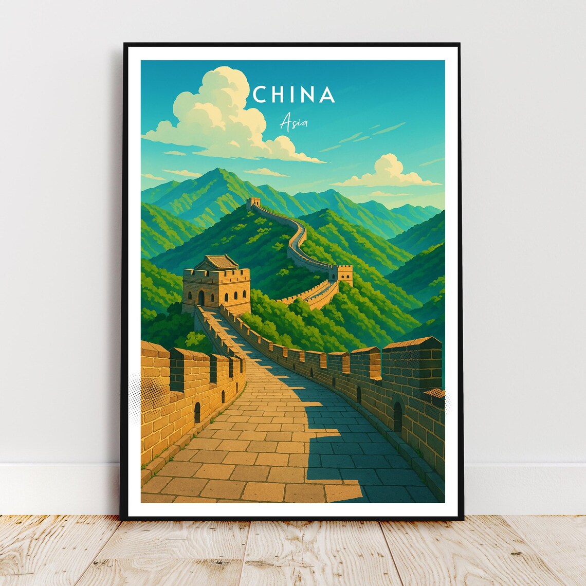 Great Wall of China Mountain Vista Asia Vintage Travel Poster