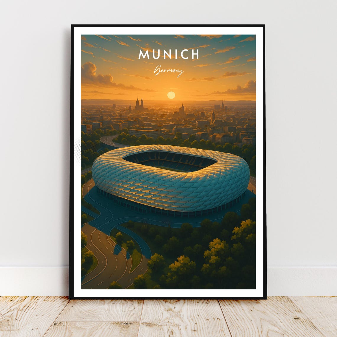 Munich Germany Allianz Arena Stadium At Sunset Travel Poster Art