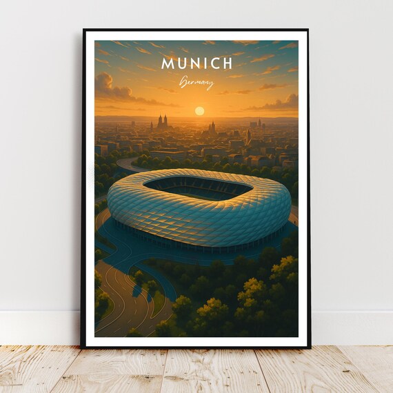 Munich Germany Allianz Arena Stadium At Sunset Travel Poster Art