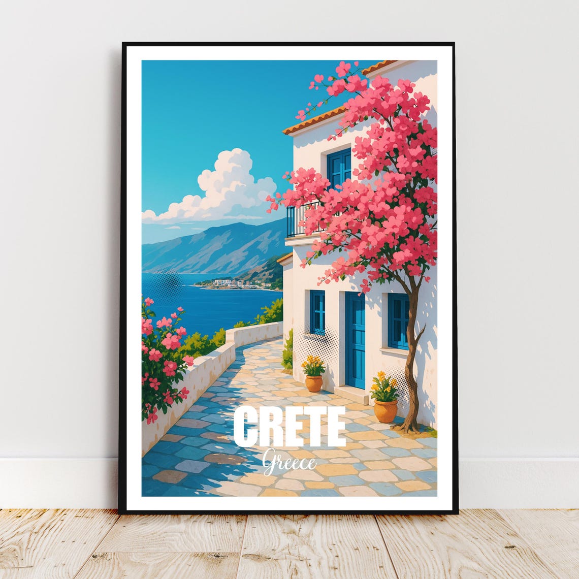 Crete Greece Whitewashed Village Bougainvillea Seaside Travel Poster
