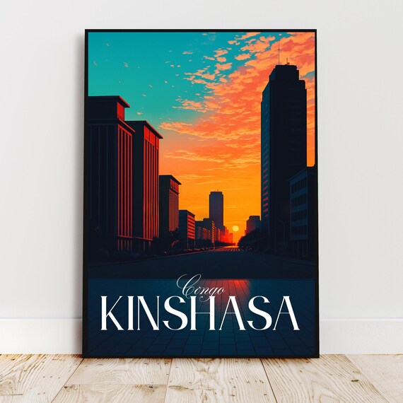 Kinshasa Congo City Skyline Sunset Orange Skies Travel Poster
