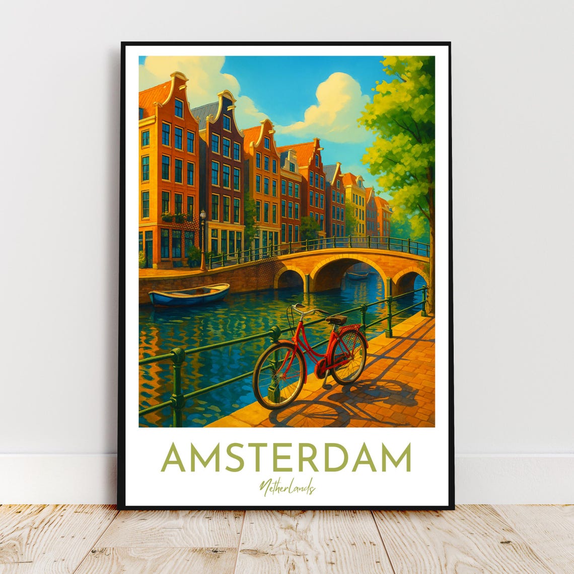Amsterdam Netherlands Canal Bridge Red Bicycle Retro Travel Poster