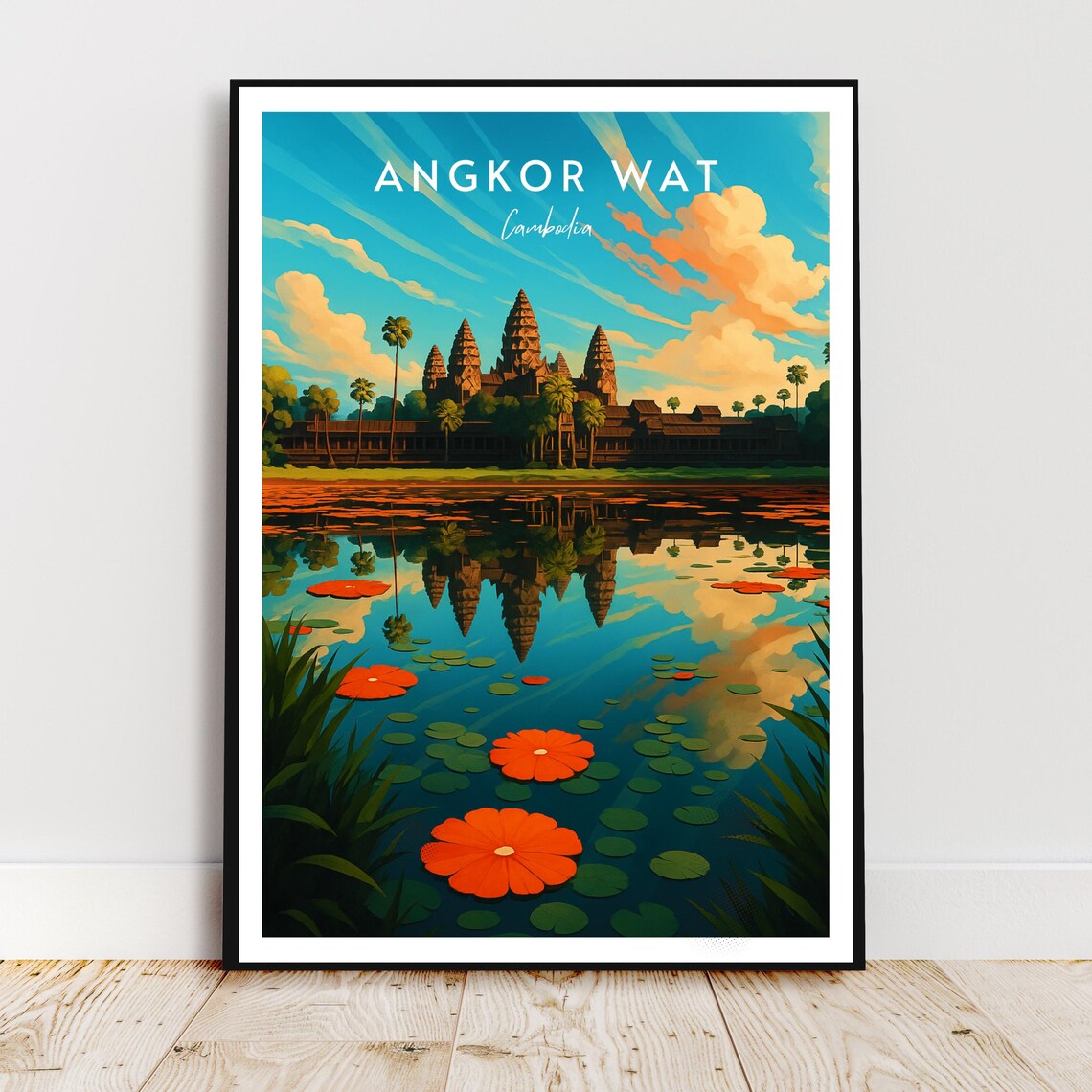 Angkor Wat Cambodia Temple Reflection Lotus Flowers Travel Art Poster