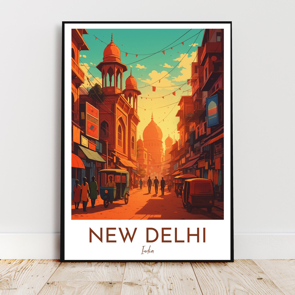 New Delhi India Street With Tuk Tuks Retro Vintage Travel Poster Art