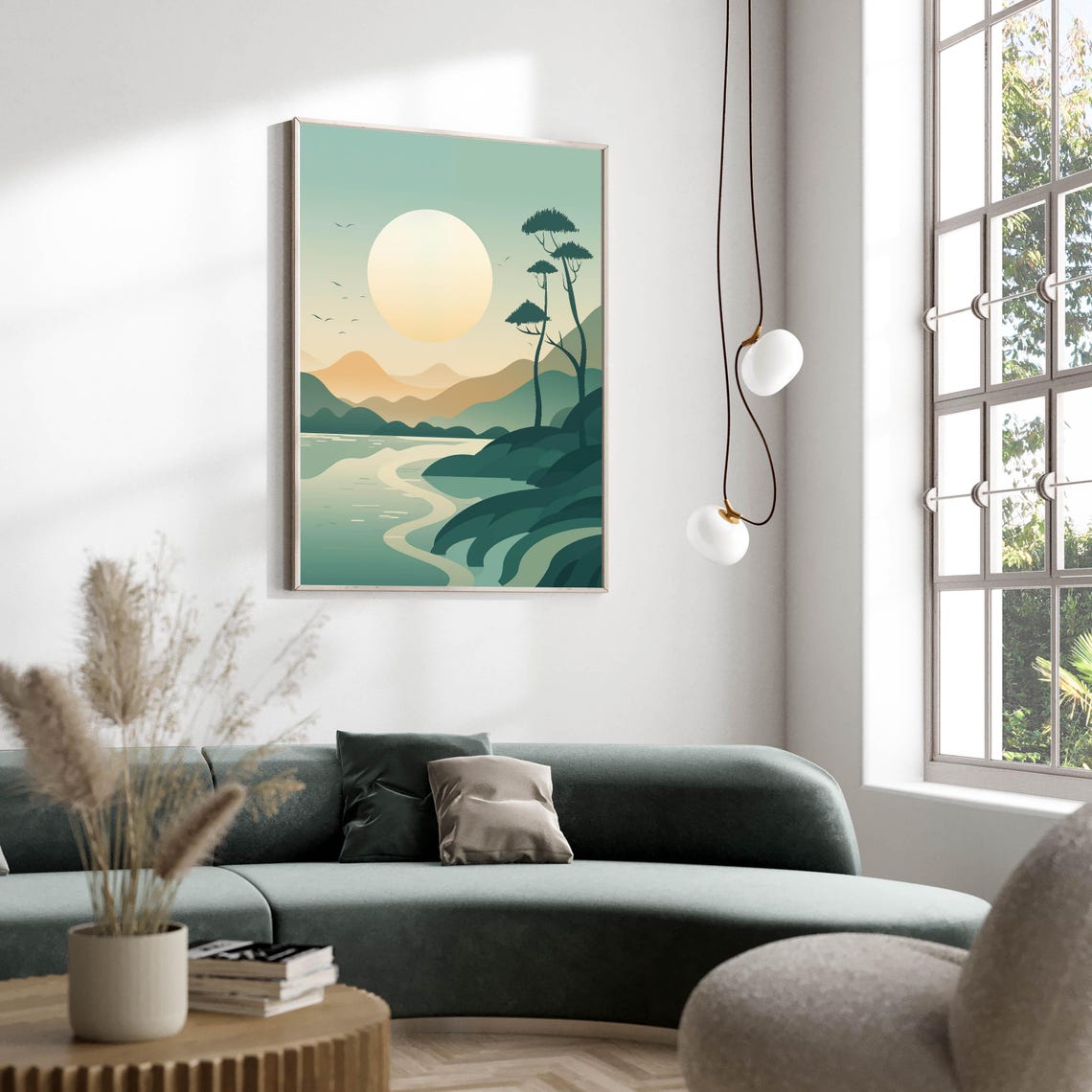 Minimalist Japanese Lake Sunset Mountains Trees Landscape Art Poster - Image 2