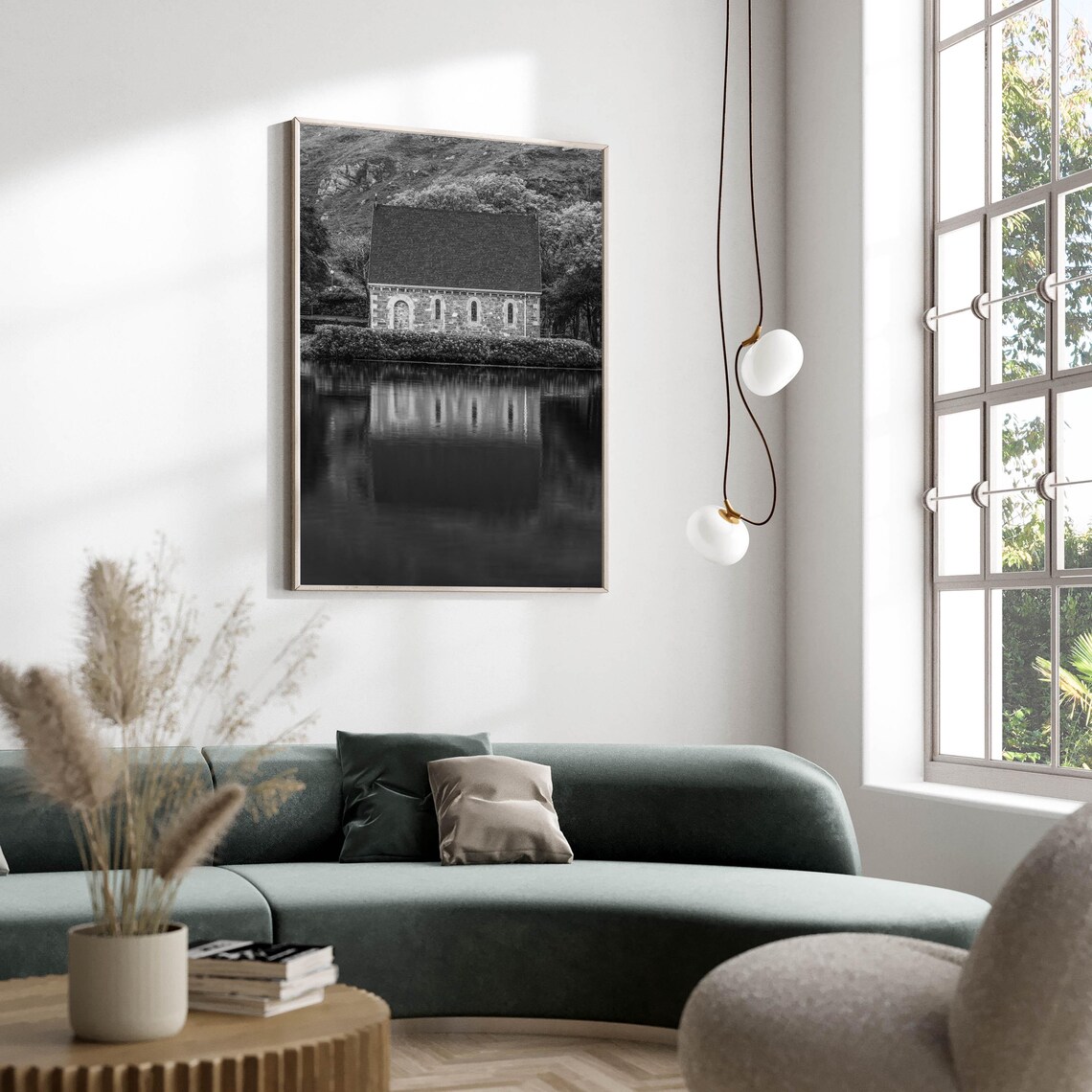 Old Stone Church Reflected in Still Lake Black White Photo Poster - Image 2