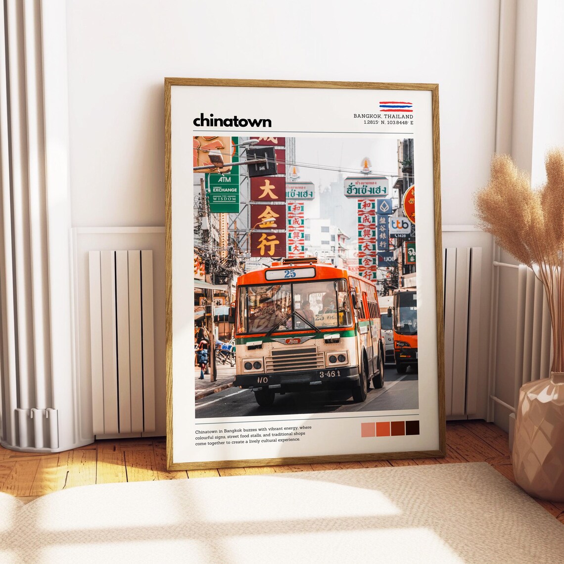 Bangkok Chinatown Street Scene Orange Bus Thai Signs Travel Poster - Image 3