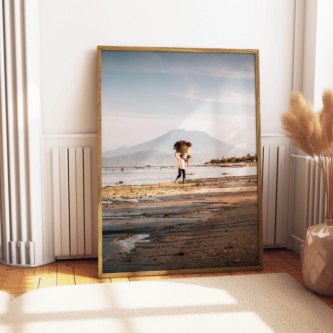 Seaweed Farmer Walking Beach With Volcano Behind Bali Indonesia Poster - Image 4