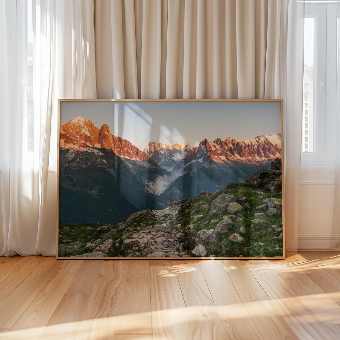 Alpenglow on Jagged Snowy Peaks with Rising Moon Photo Poster - Image 4
