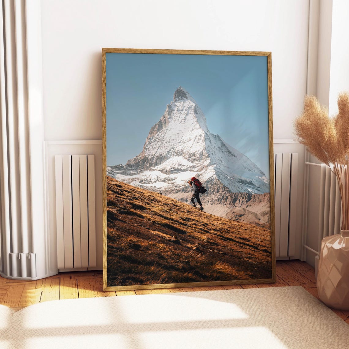 Hiker Beneath Towering Snowy Matterhorn Peak Zermatt Alps Poster - Image 4