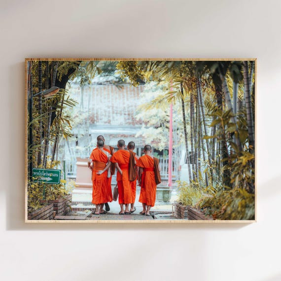 Thai Monks Wall Art Print Cultural Photography Of Buddhist Monks Orange Robes In Temple Garden Spiritual Decor For Home Or Office