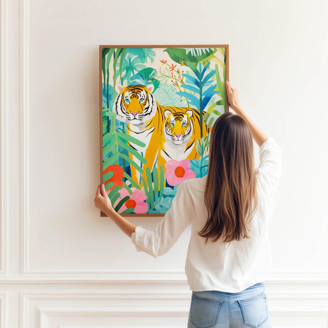 Two Tigers in Colorful Tropical Foliage Jungle Wildlife Art Poster - Image 3