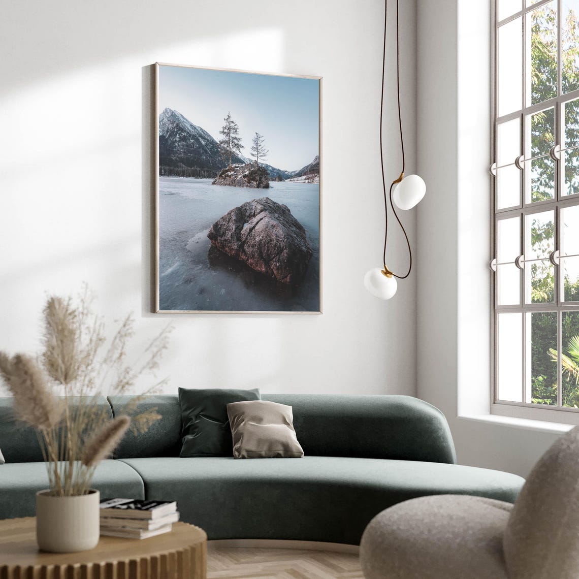 Frozen Alpine Lake with Boulders and Lone Pine Island Poster - Image 2